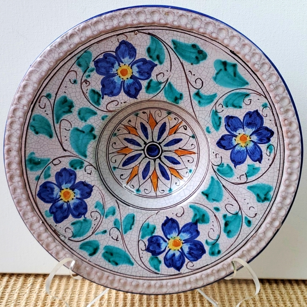 Floral Italian Handpainted Serving Plate Blue and Green Glazed Ceramic
